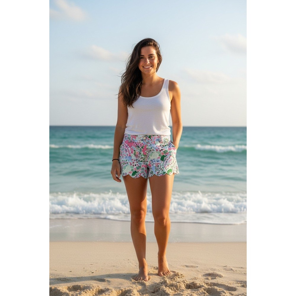 Crown & Ivy Shelby Scalloped Hem Shorts Womens 8 Pink Blue Paisley Floral 4" New